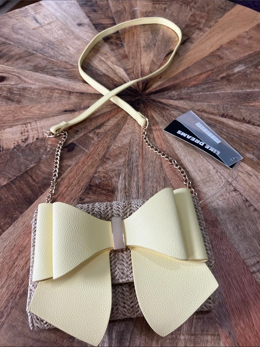 Yellow Bow Straw Crossbody Bag with Chain Strap